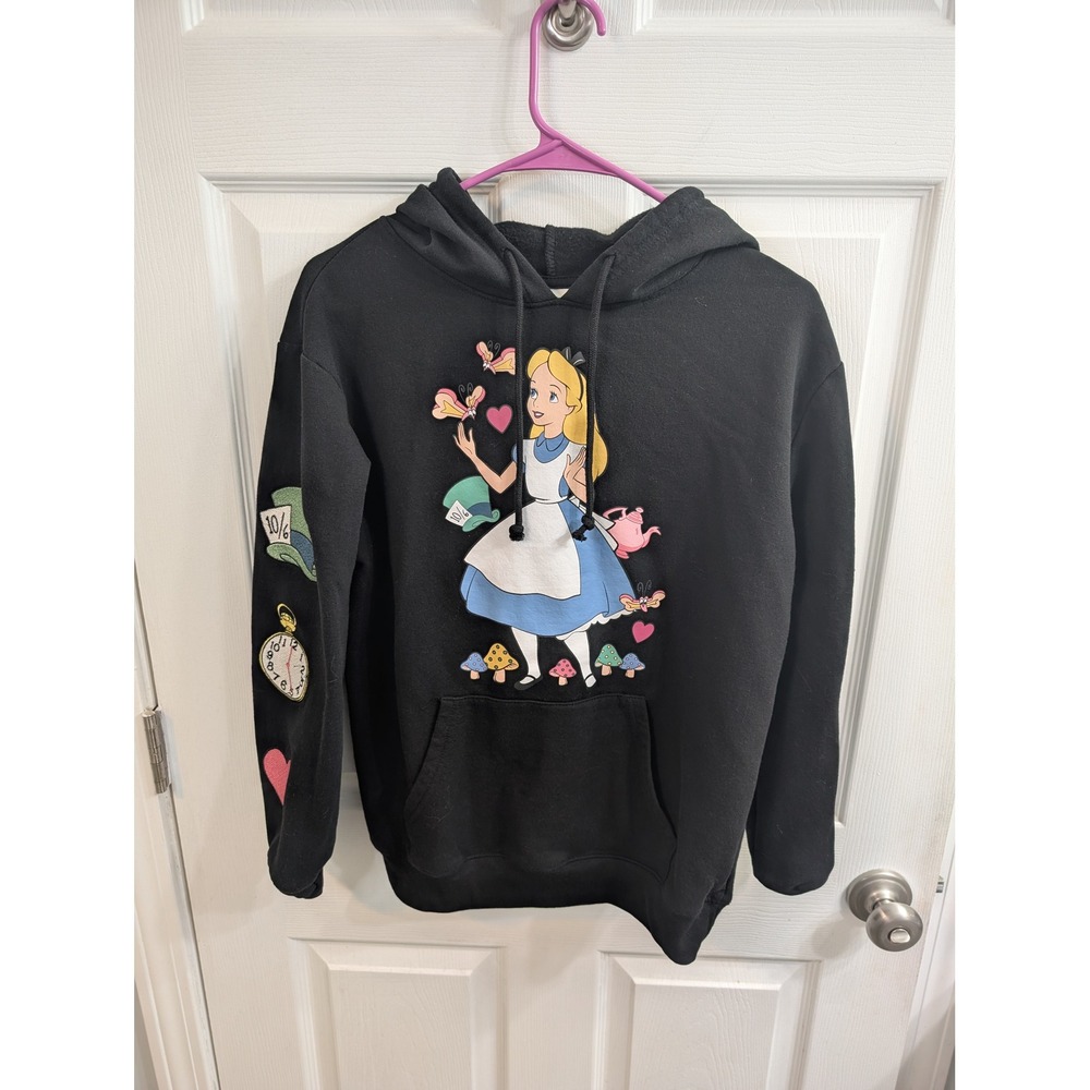 Disney Alice in Wonderland Hoodie Womens Black Graphic Embroidered - Size M